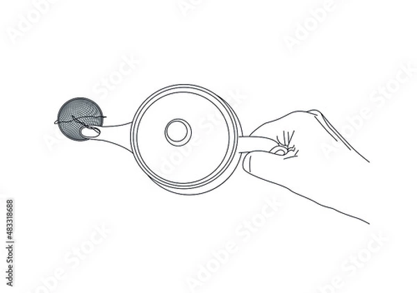 Fototapeta female hand holds a kettle top view. . vector stock illustration. outline