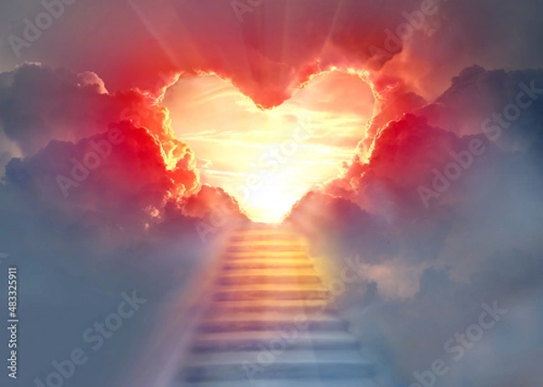 Fototapeta Stairway to Heaven.Stairs in sky.  Concept with sun and clouds.  Religion  background. Red heart shaped sky at sunset. Love background with copy space.