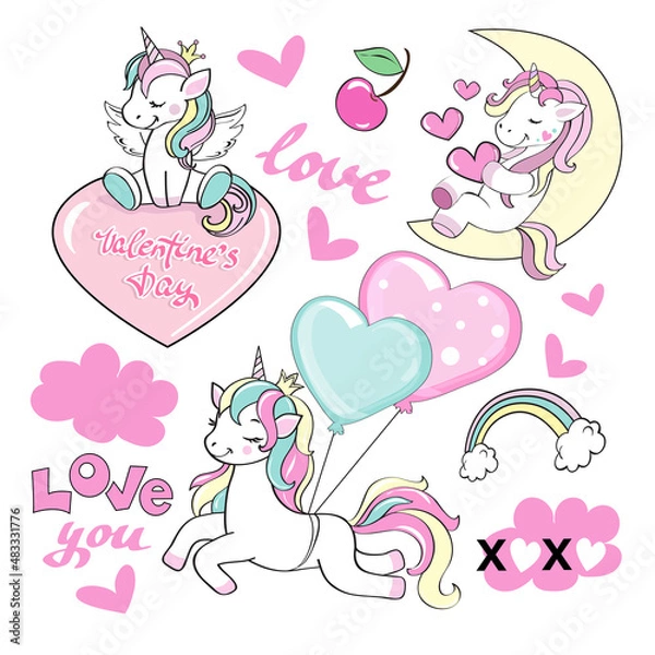 Fototapeta Collection of funny unicorns for Valentine's Day on a white background isolated. Vector illustration cute animals for children