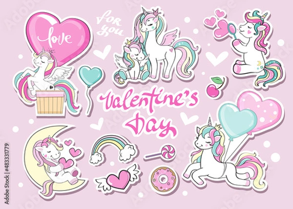Obraz Collection of funny unicorns on a pink background. Valentine's Day concept. Vector illustration cute animals for children. Stickers. Fashion patch badges
