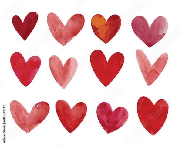 Fototapeta Set of watercolor hearts for valentine's day. Red and pink vector collection