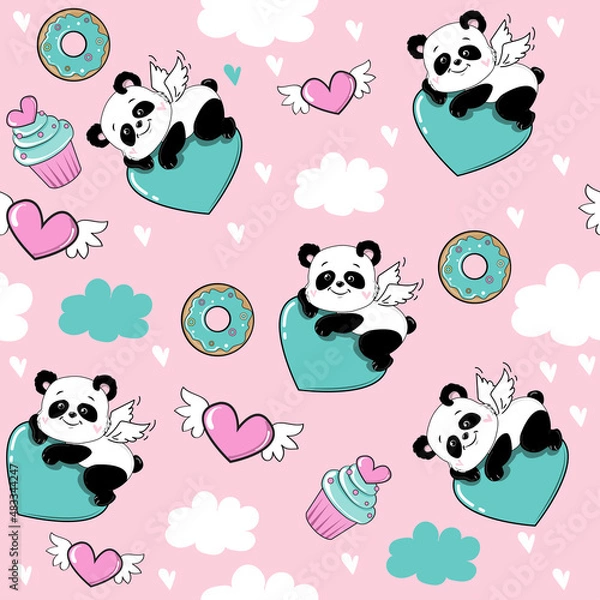 Fototapeta Cartoon panda lying on a heart seamless pattern. Vector cartoon illustration in kawaii style