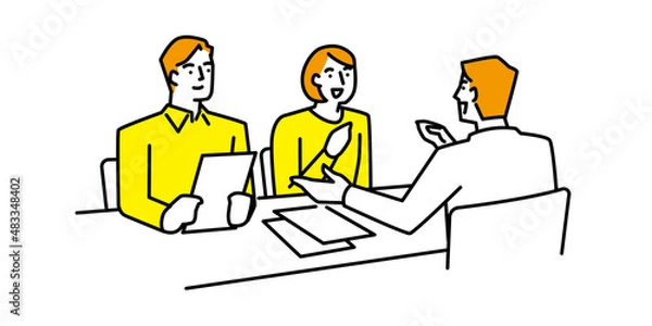 Obraz 案内スタッフから説明を受ける男性と女性のイラスト