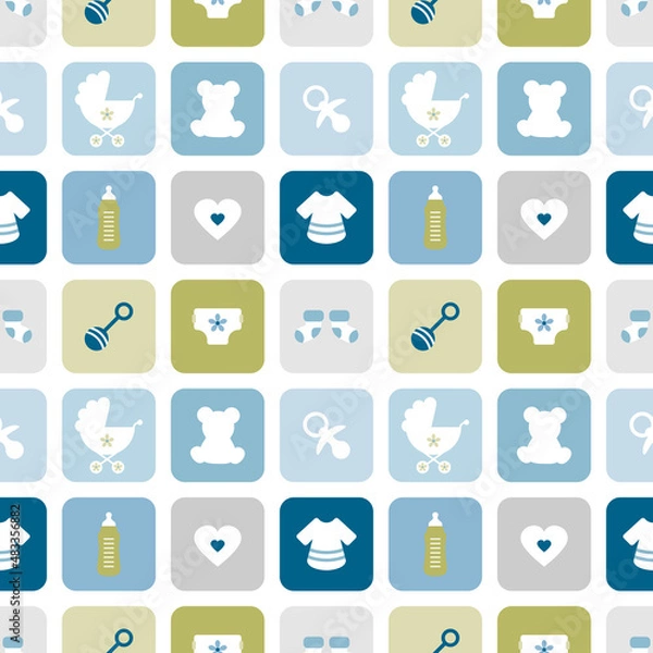 Fototapeta Endlosmuster Babysymbole Quadrate Junge Retroblau Olivgrün