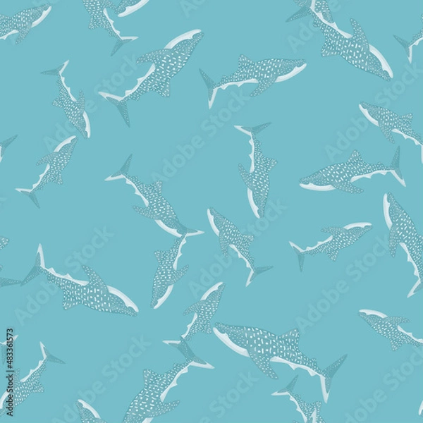 Fototapeta Whale shark seamless pattern in scandinavian style. Marine animals background. Vector illustration for children funny textile.