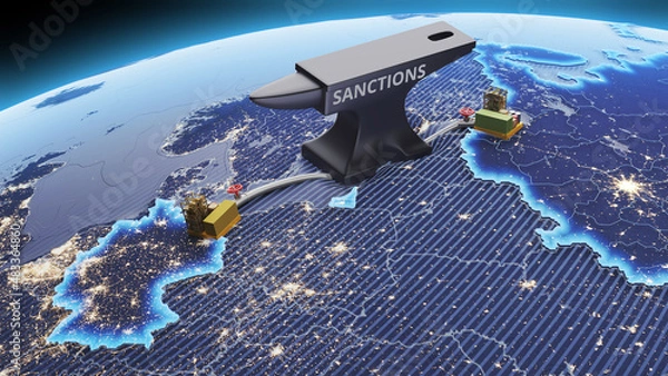 Fototapeta 3D render of the construction of the gas pipe Nord Stream 2. The concept of sanctions and economic war, an anvil falling on a gas pipe. 3D rendering
