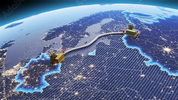 Fototapeta 3D render of the construction of the gas pipe Nord Stream 2. The concept of sanctions and economic war, an anvil falling on a gas pipe. 3D rendering