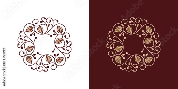 Fototapeta Elegant luxury floral monogram frame template on chocolate brown background. Vintage style cocoa beans vector.