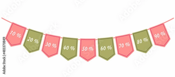 Obraz Garland of flags, bunting banner for sales with discount offers. Vector illustration. Flat style. Pink and green.