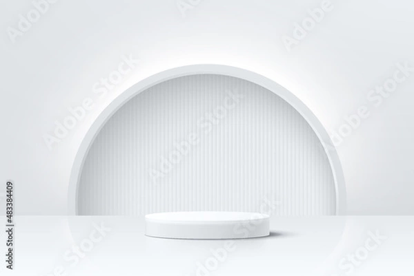 Fototapeta Abstract 3D room with realistic white cylinder pedestal podium and illuminate semi circle background. Minimal scene for product display presentation. Vector geometric platform design. Stage showcase.
