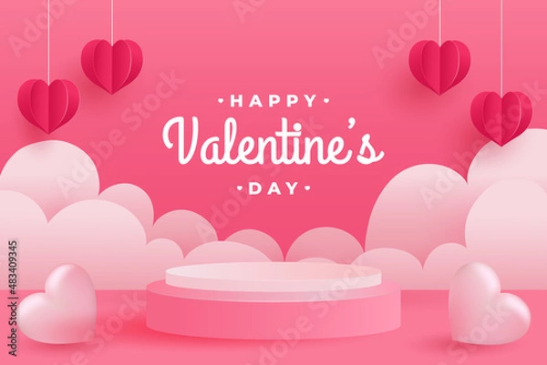 Obraz Happy valentines day with podium and romantic valentine decorationd or elements background template