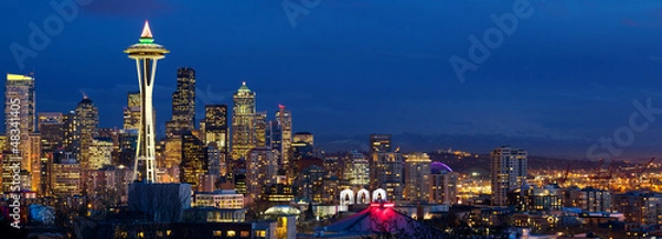 Obraz Panoramę Seattle z Space Needle o zmierzchu, WA, USA