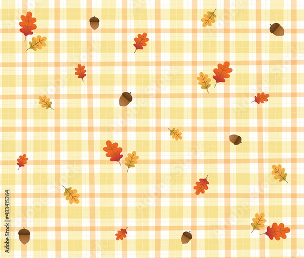 Fototapeta Orange Brown Falling Oak Leaf Acorn Orange Yellow Gingham Patterns Fall Autumn Background Editable Stroke. Vector Illustration Tablecloth, Picnic mat wrap paper.	