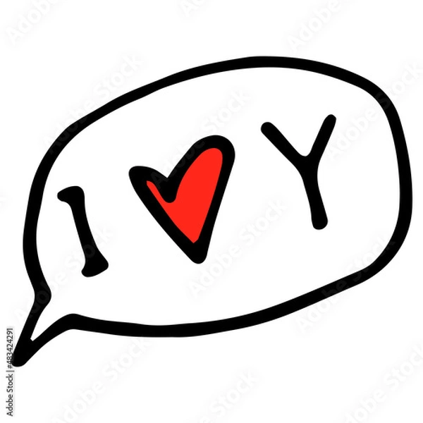 Fototapeta cloud speech phrase I love you with a red heart. doodle icon abbreviation I love you isolated black outline with a red heart in an oval speech bubble on white