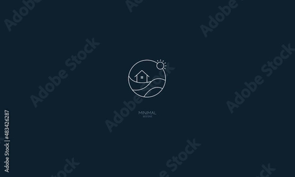 Fototapeta A line art icon logo of a wave with a house, island house