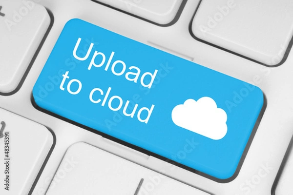 Obraz Upload to cloud concept on blue keyboard button.
