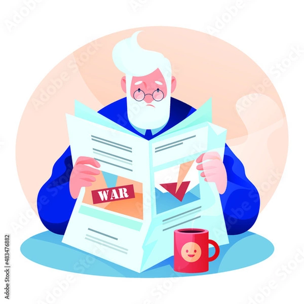 Fototapeta A gray-haired man reads a newspaper. News, alarm.
Vector illustration, character design.