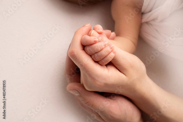 Fototapeta The hand of a sleeping newborn in the hand of mother and father close-up. Tiny fingers of a newborn. The family is holding hands. Studio macro photography. Concepts of family and love.