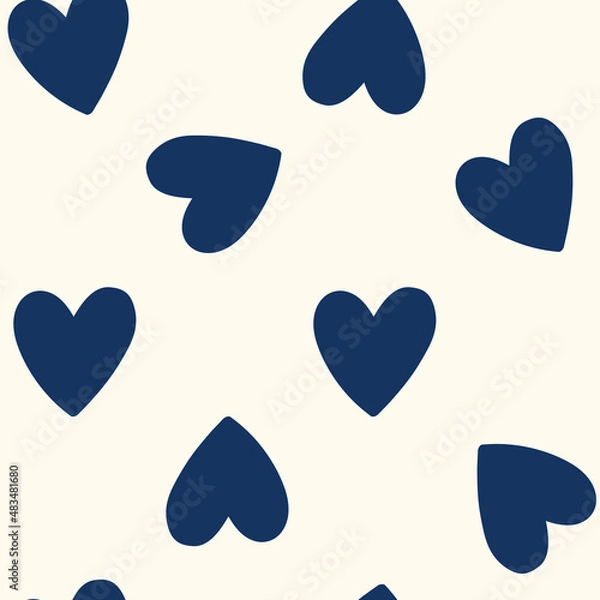 Obraz All over seamless vector repeat pattern with big navy blue hand drawn doodle hearts on cream background. Simple cute kids Valentines day background