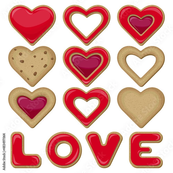 Fototapeta Vector set of cookies for valentine's day. Cookies in the shape of hearts and letters folded into the word LOVE and covered with red glaze isolated on white background. 