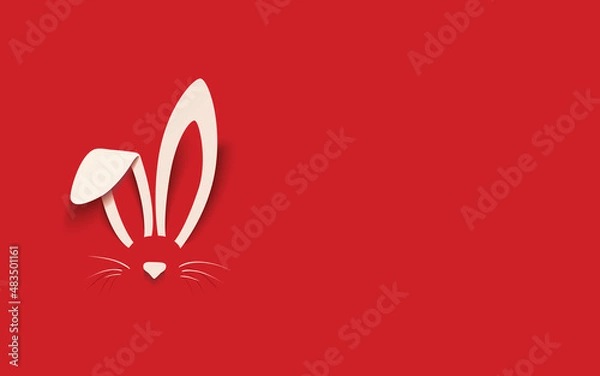Fototapeta Happy Easter greeting card with white paper cut Easter Bunny isolated on a red background,vector illustration