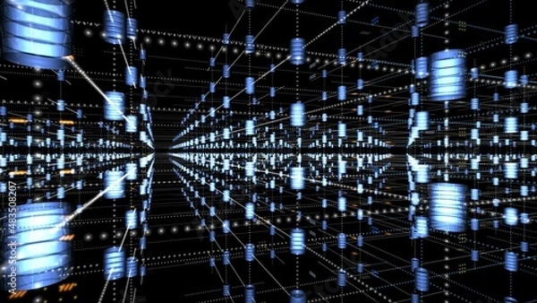 Obraz デジタル空間に整列した、沢山の光るデータストレージ。メタバースの中の価値あるビッグデータ。