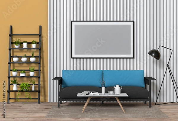Fototapeta mock up poster frame interior living room background, 3D render
