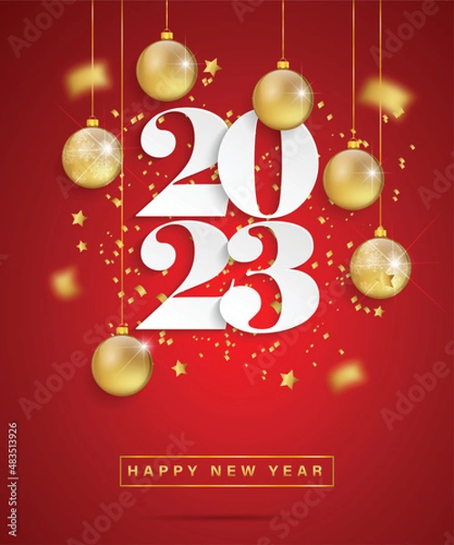 Fototapeta Happy new year 2023. White paper numbers with golden Christmas decoration and confetti on red background. Holiday greeting card design. Illustrator