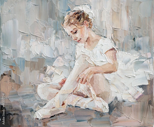 Fototapeta Portrait of a little cute girl. Ballerina is preparing for a performance on a white background. Oil painting on canvas.