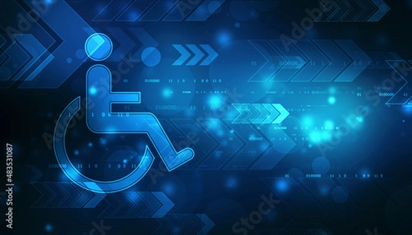 Fototapeta Accessibility icon with wheelchair and technology abstract background, Access in online internet website and technology applied to people with disabilities and handicap.