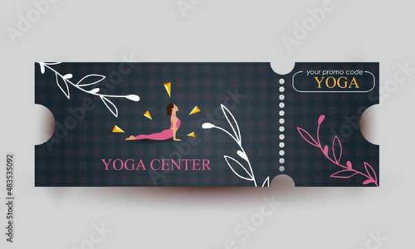 Fototapeta Card promotion voucher banner or party invitation background with beautiful girl in yoga pose.