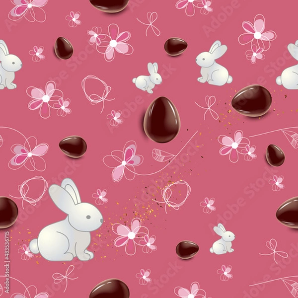 Fototapeta Holiday Model of greeting seamless pattern  with  easter  eggs and flowers. Vector Illustration