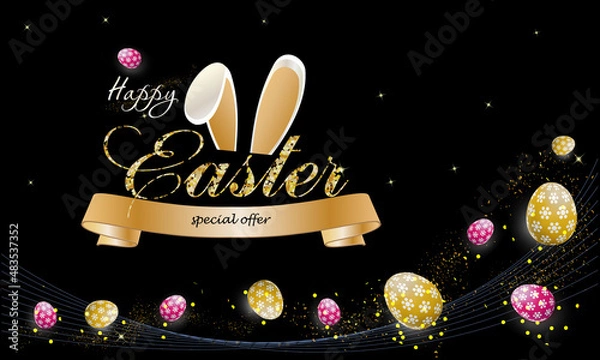 Fototapeta Easter Day discount  banner layout design template graphic abstract black background with eggs. Vector illustration