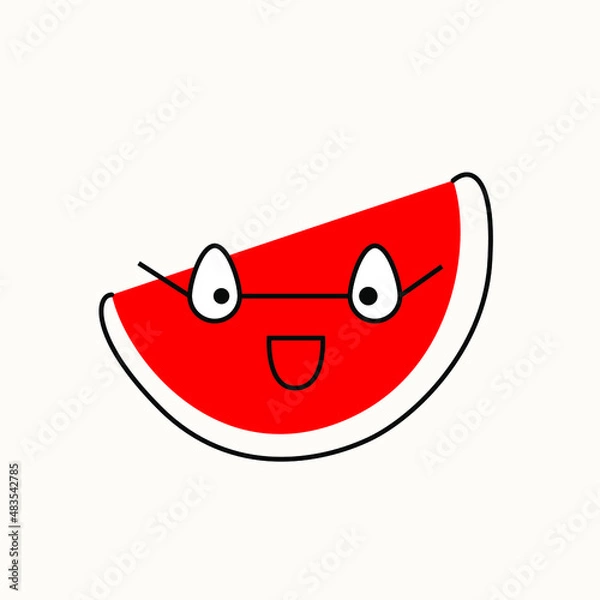 Fototapeta A colorful bright funny character with a face and emotions. The drawing style is vector spot and lines. Watermelon with glasses
