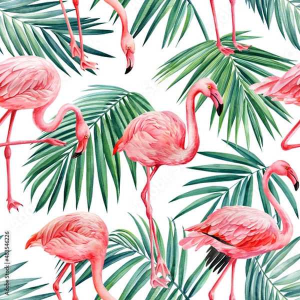 Fototapeta Flamingo. Tropics Seamless pattern with leaves. watercolor illustration
