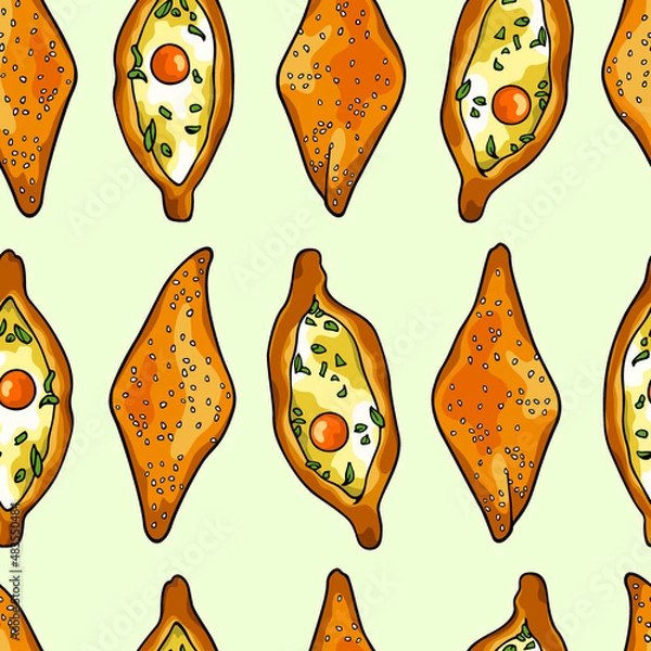 Fototapeta Vector seamless pattern with hand drawn traditional Georgian cheese bread and Iraqi flatbread. Ink drawing, graphic style. Beautiful food design elements, perfect for prints and patterns
