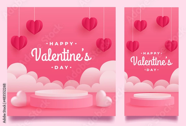 Obraz Happy valentines day with podium and romantic valentine decorationd or elements background template