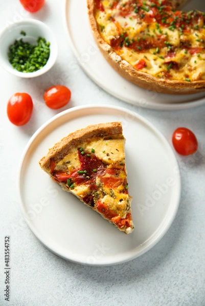Fototapeta Homemade chicken quiche with tomatoes and pepper