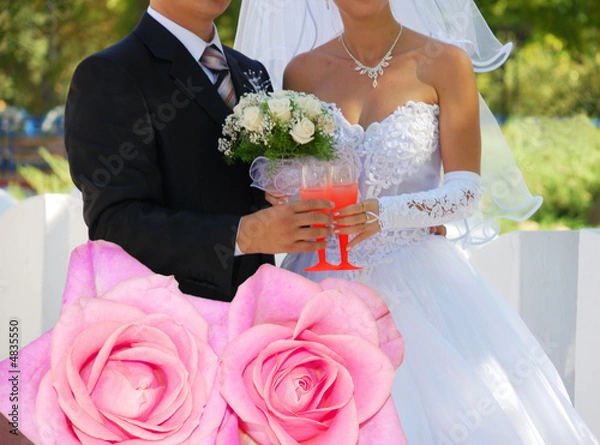 Obraz Couple pink roses and just married couple on background