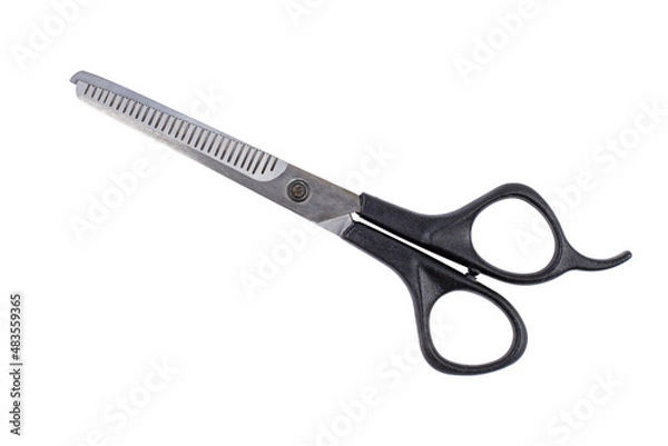 Fototapeta Hairdressing scissors closeup isolated on white, top view