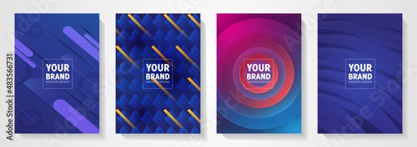 Fototapeta Modern cover design set. Blue abstract line pattern (guilloche curves). Creative stripe vector collection layout for business background, certificate, brochure template