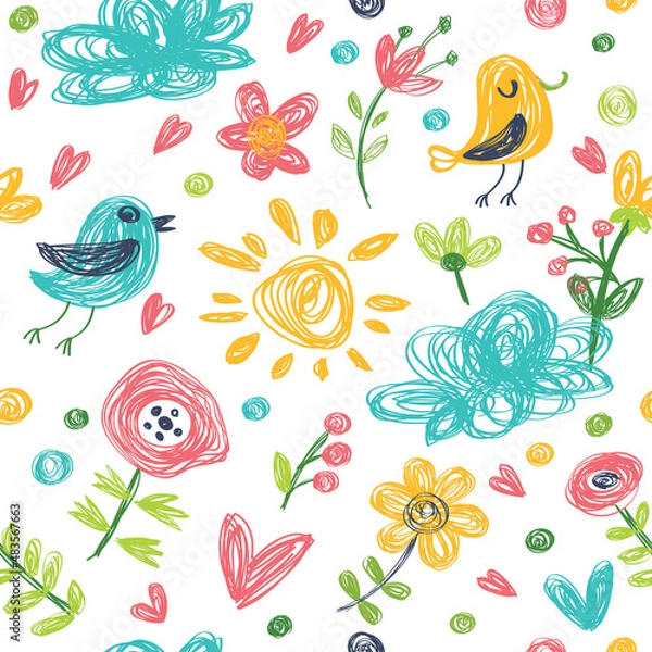 Fototapeta Cute and gentle seamless pattern of birds and clouds in lovely color in vector. Sweet illustration, can be used for creating card, invitation card for wedding, wallpaper and textile.