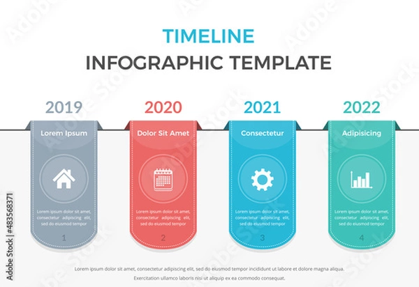 Fototapeta Timeline infographics with four ribbons with icons and text