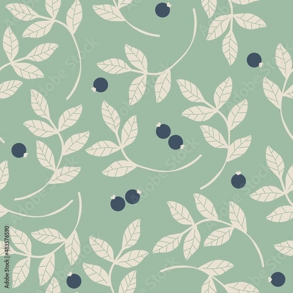 Fototapeta Seamless vintage pattern. White leaves, black berries. Light green background. vector texture. fashionable print for textiles, wallpaper and packaging.