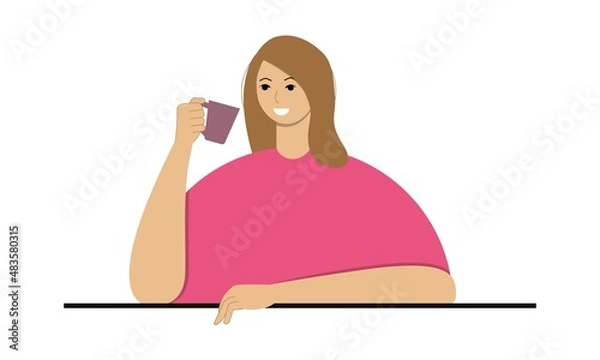 Obraz Funny girl drinks tea. Vector illustration.