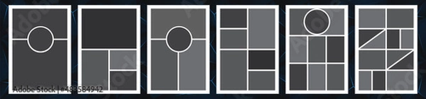 Fototapeta Photo collage grid. Vector. Mood board template. Set of blank moodboard. Pictures on dark polygon background. Mosaic frame banner. Photography album layout. Vertical design of mockup. Simple illustrat