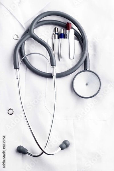 Fototapeta stethoscope and ballpoins on doctor's lab coat