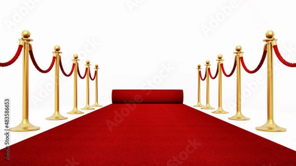 Fototapeta Red carpet and velvet ropes isolated on white background. 3D illustration