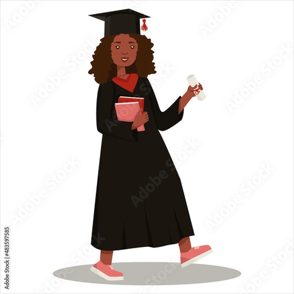 Fototapeta Graduate student with diploma. Happy african american girl in a graduate's robe on a white background. EPS 10.