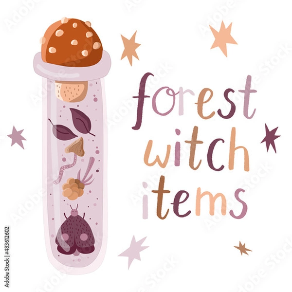 Obraz Witches potion jar with amanita and cloudberries and leaves and sparkles